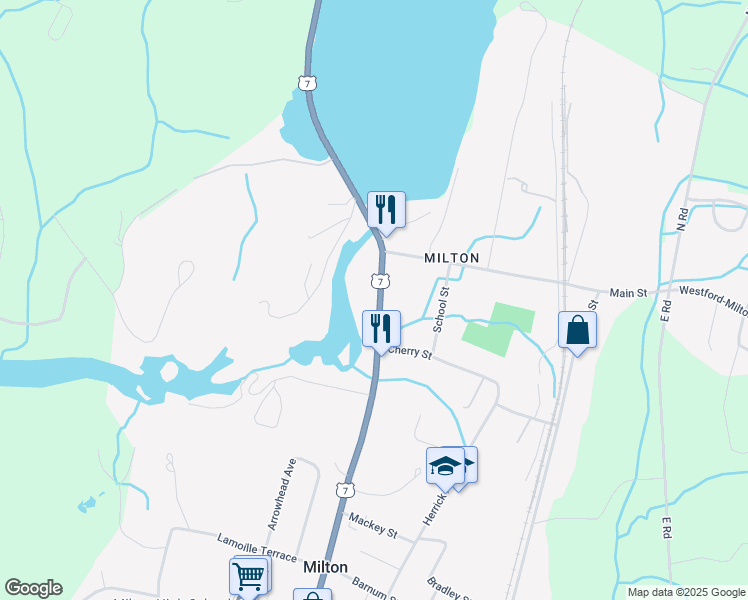 map of restaurants, bars, coffee shops, grocery stores, and more near 17 River Street in Milton