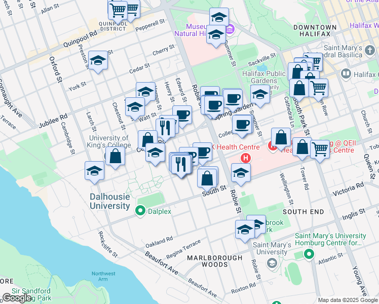 map of restaurants, bars, coffee shops, grocery stores, and more near 1388 Henry Street in Halifax