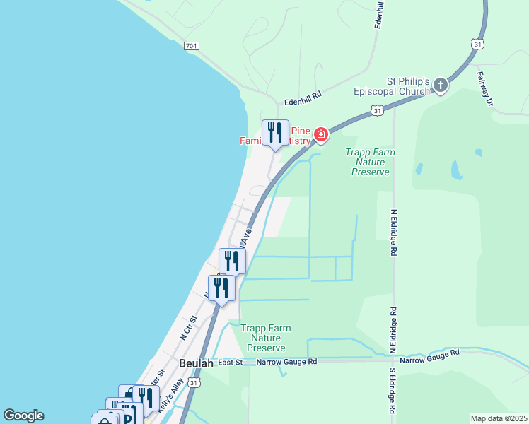 map of restaurants, bars, coffee shops, grocery stores, and more near 707-711 N Michigan Ave in Beulah
