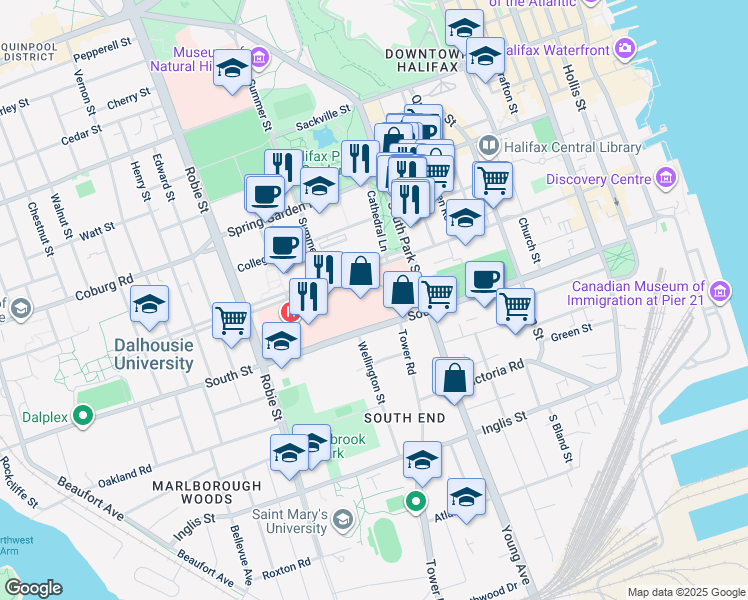 map of restaurants, bars, coffee shops, grocery stores, and more near 1278 Tower Road in Halifax