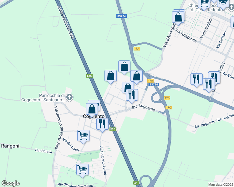 map of restaurants, bars, coffee shops, grocery stores, and more near 34 Via Vittorio Bottego in Modena