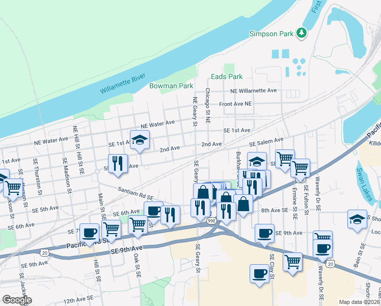 map of restaurants, bars, coffee shops, grocery stores, and more near 1737 Southeast Salem Avenue in Albany