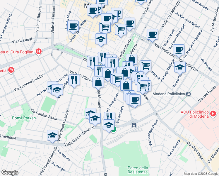 map of restaurants, bars, coffee shops, grocery stores, and more near 109 Via Gerolamo Tiraboschi in Modena