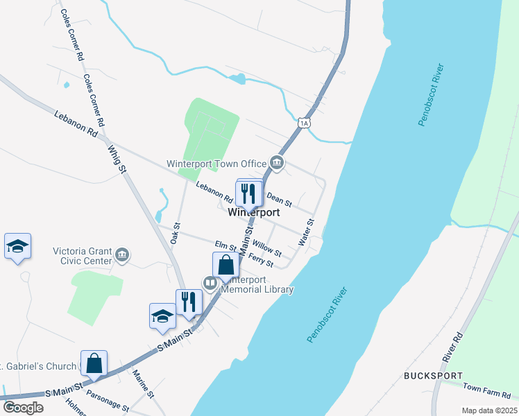 map of restaurants, bars, coffee shops, grocery stores, and more near 52 Commercial Street in Winterport