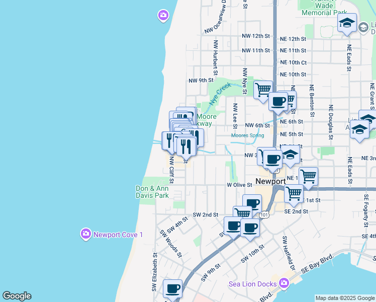 map of restaurants, bars, coffee shops, grocery stores, and more near 312 Northwest Coast Street in Newport