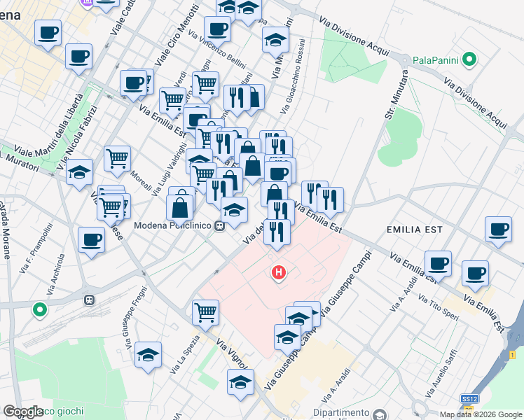 map of restaurants, bars, coffee shops, grocery stores, and more near 74 Via del Pozzo in Modena