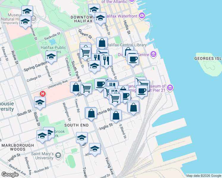 map of restaurants, bars, coffee shops, grocery stores, and more near 1178 Queen Street in Halifax