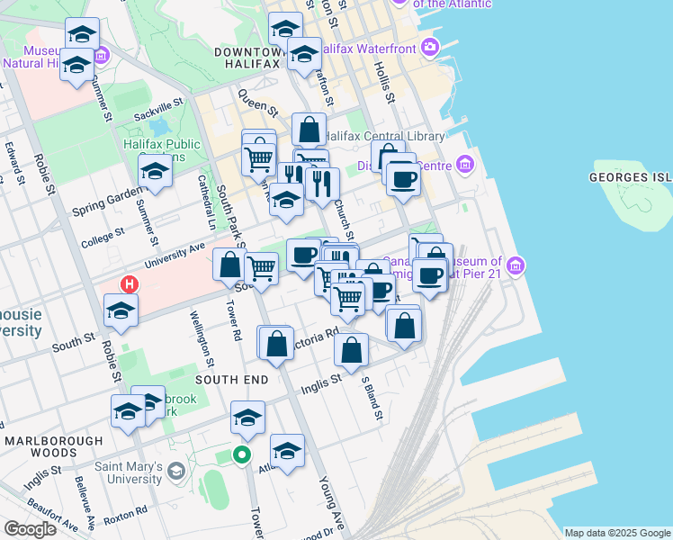 map of restaurants, bars, coffee shops, grocery stores, and more near 1178 Queen Street in Halifax