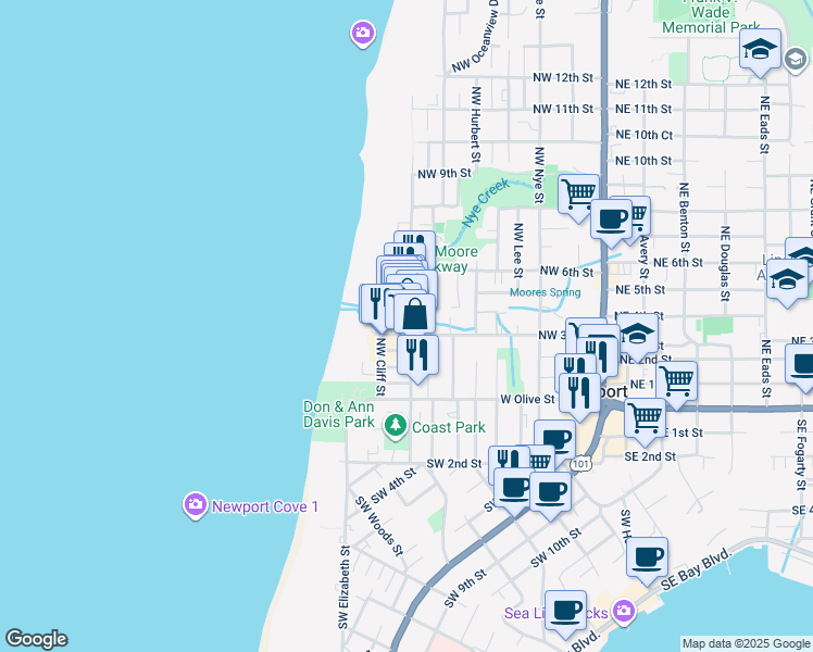 map of restaurants, bars, coffee shops, grocery stores, and more near 325 Northwest Coast Street in Newport