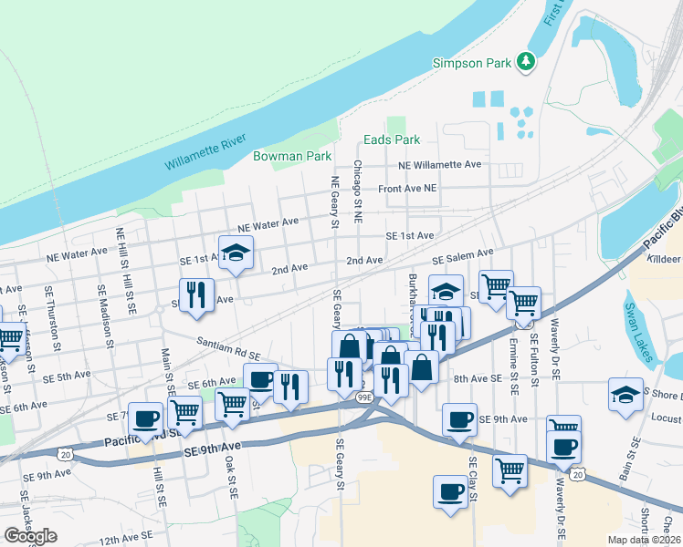 map of restaurants, bars, coffee shops, grocery stores, and more near 1737 Southeast Salem Avenue in Albany