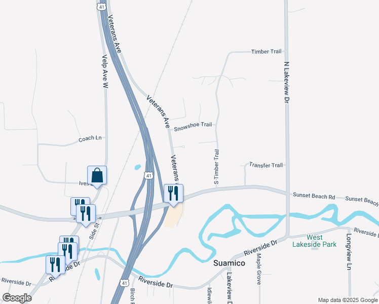 map of restaurants, bars, coffee shops, grocery stores, and more near 4305 Bayside Road in Suamico