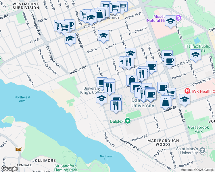 map of restaurants, bars, coffee shops, grocery stores, and more near 1525 Larch Street in Halifax