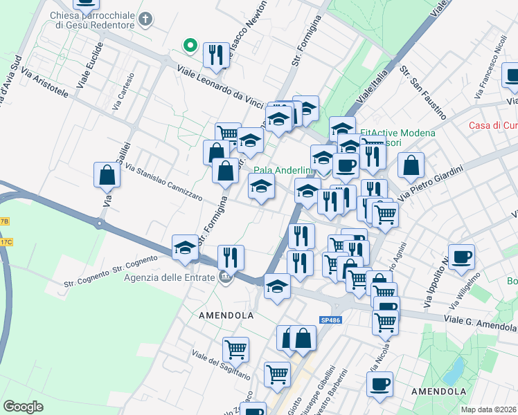 map of restaurants, bars, coffee shops, grocery stores, and more near Via Fermo Corni in Modena