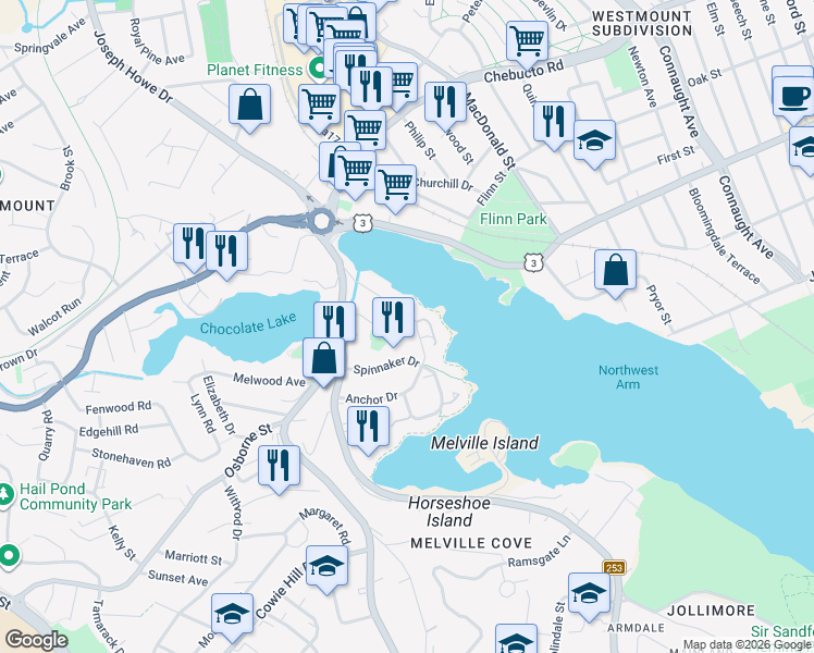 map of restaurants, bars, coffee shops, grocery stores, and more near 100 Anchor Drive in Halifax