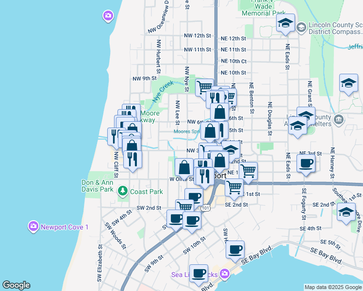 map of restaurants, bars, coffee shops, grocery stores, and more near 320 Northwest 3rd Street in Newport