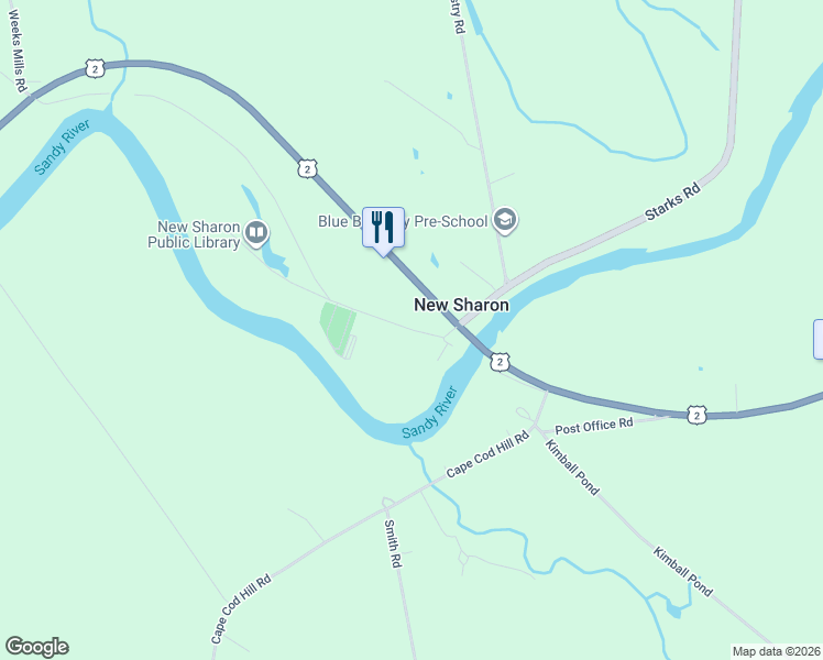 map of restaurants, bars, coffee shops, grocery stores, and more near 76 Main Street in New Sharon