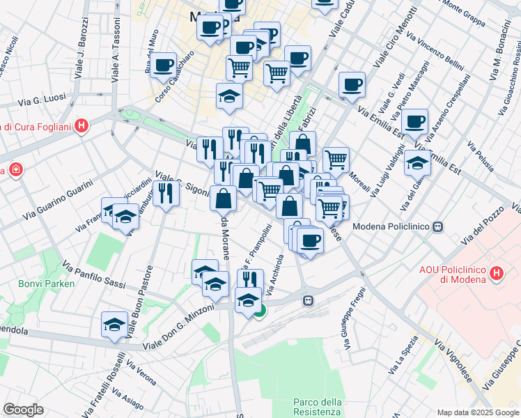 map of restaurants, bars, coffee shops, grocery stores, and more near 109 Via Gerolamo Tiraboschi in Modena