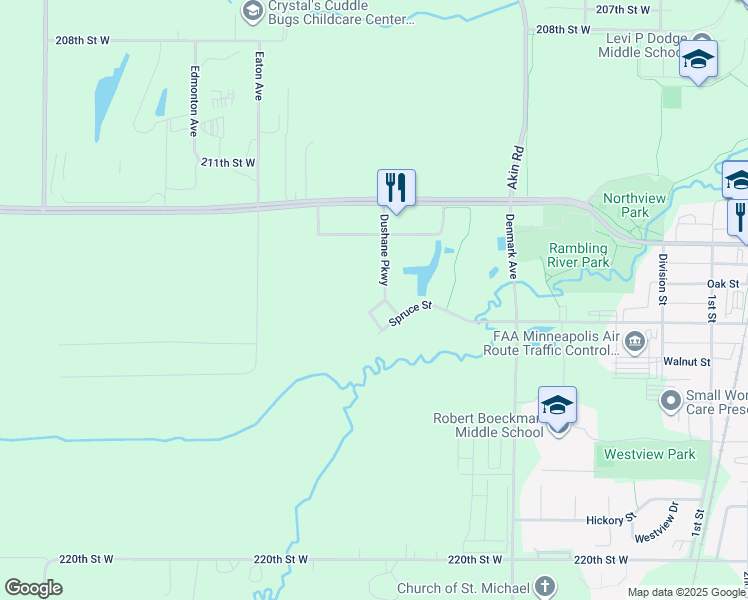map of restaurants, bars, coffee shops, grocery stores, and more near 21400 Dushane Parkway in Farmington