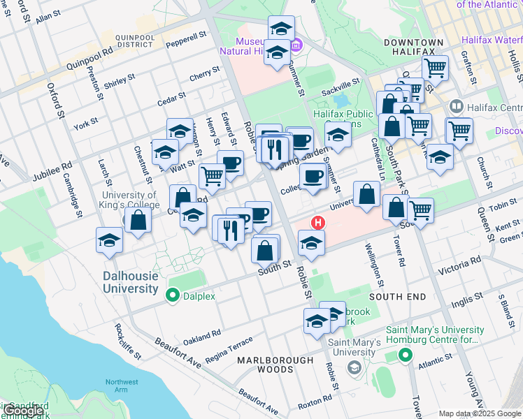 map of restaurants, bars, coffee shops, grocery stores, and more near 1375 Edward Street in Halifax
