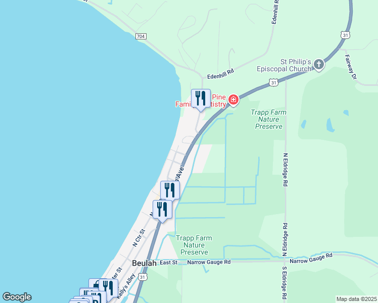 map of restaurants, bars, coffee shops, grocery stores, and more near 711 North Michigan Avenue in Beulah