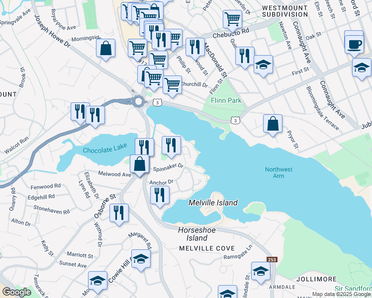 map of restaurants, bars, coffee shops, grocery stores, and more near 107 Anchor Drive in Halifax