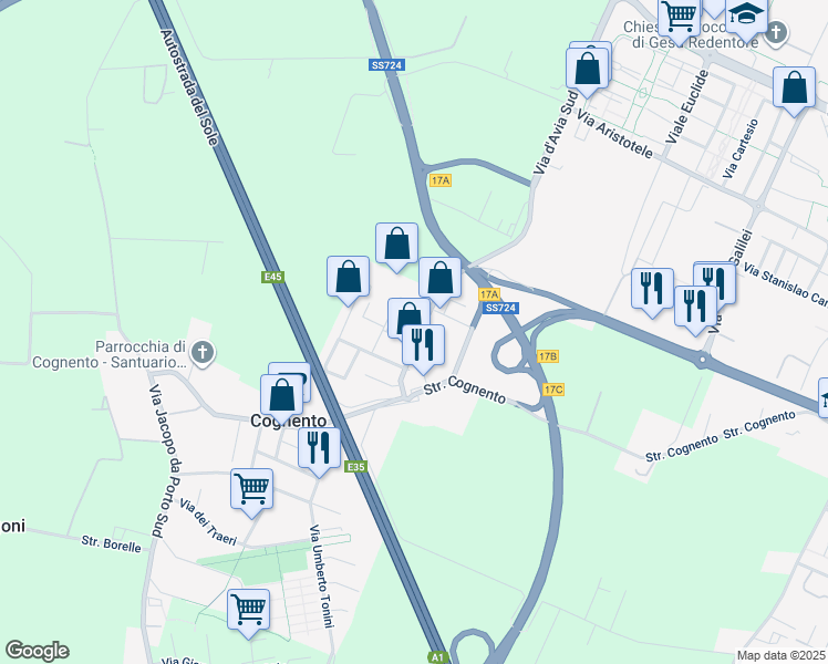 map of restaurants, bars, coffee shops, grocery stores, and more near 52 Via Giorgio Campagna in Cognento