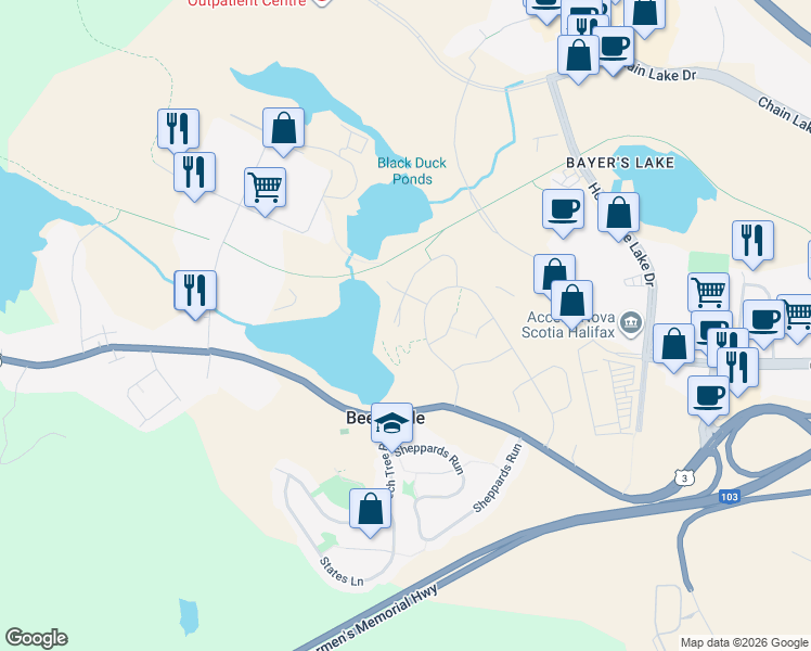map of restaurants, bars, coffee shops, grocery stores, and more near 124 Flatrock Crescent in Halifax