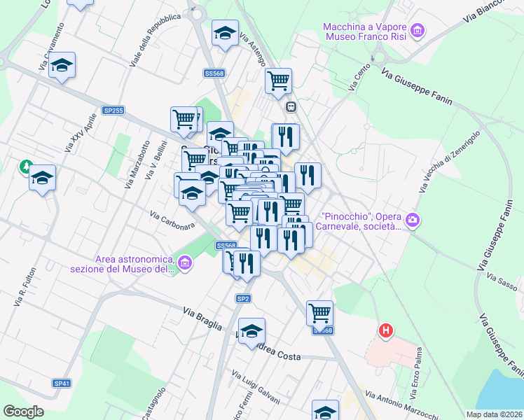 map of restaurants, bars, coffee shops, grocery stores, and more near 86 Corso Italia in San Giovanni in Persiceto