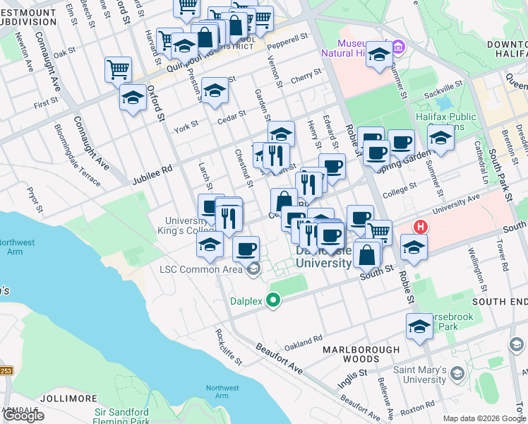 map of restaurants, bars, coffee shops, grocery stores, and more near Chestnut Street in Halifax