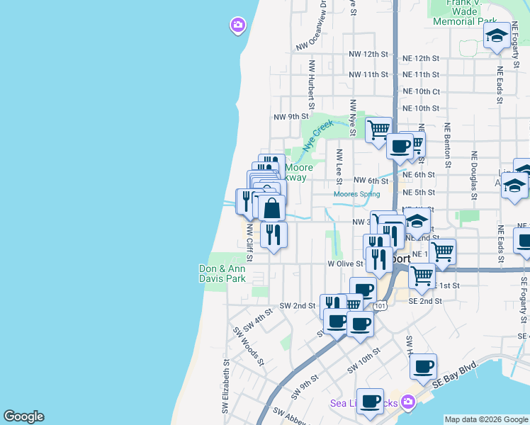 map of restaurants, bars, coffee shops, grocery stores, and more near 312 Northwest Coast Street in Newport