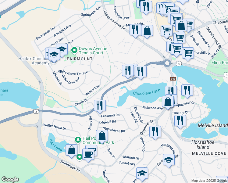 map of restaurants, bars, coffee shops, grocery stores, and more near 8 Alderwood Drive in Halifax