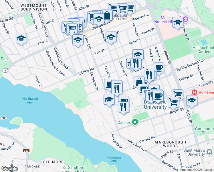map of restaurants, bars, coffee shops, grocery stores, and more near 1585 Oxford Street in Halifax