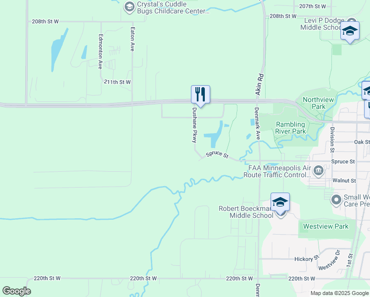 map of restaurants, bars, coffee shops, grocery stores, and more near 21400 Dushane Parkway in Farmington