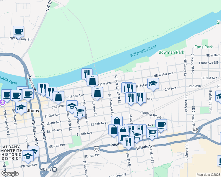 map of restaurants, bars, coffee shops, grocery stores, and more near 904 Southeast 1st Avenue in Albany