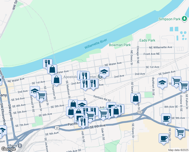 map of restaurants, bars, coffee shops, grocery stores, and more near 160 Oak Street Southeast in Albany