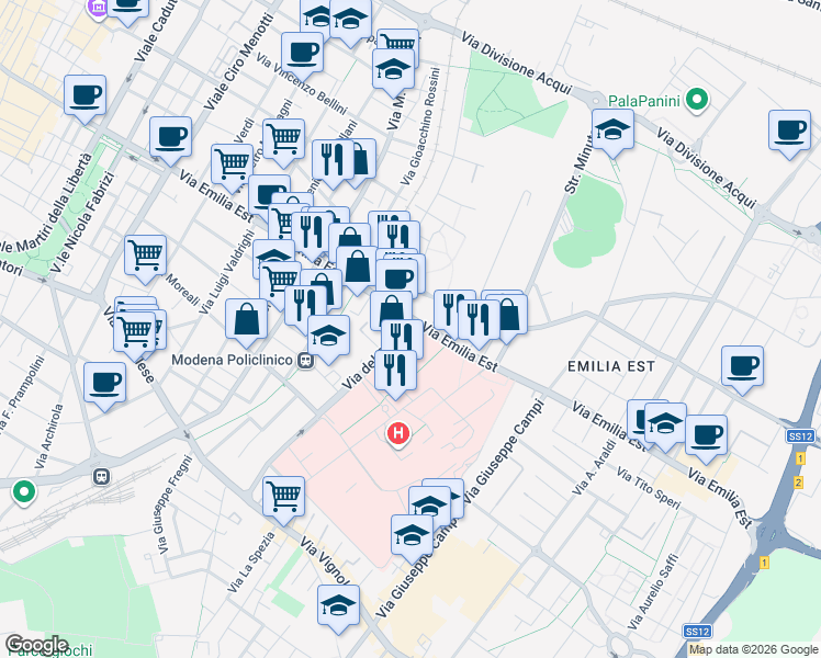 map of restaurants, bars, coffee shops, grocery stores, and more near 74 Via del Pozzo in Modena
