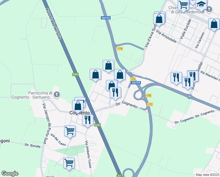 map of restaurants, bars, coffee shops, grocery stores, and more near 52 Via Giorgio Campagna in Cognento