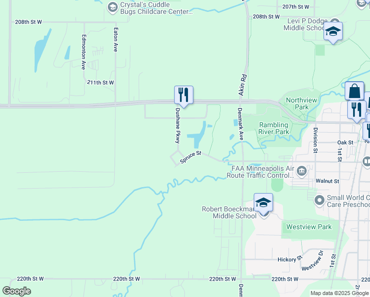 map of restaurants, bars, coffee shops, grocery stores, and more near 21400 Dushane Parkway in Farmington