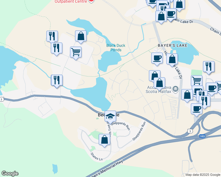 map of restaurants, bars, coffee shops, grocery stores, and more near 127 Flatrock Crescent in Halifax
