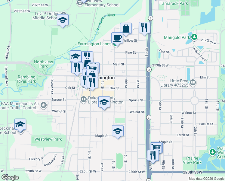 map of restaurants, bars, coffee shops, grocery stores, and more near 412 Oak Street in Farmington
