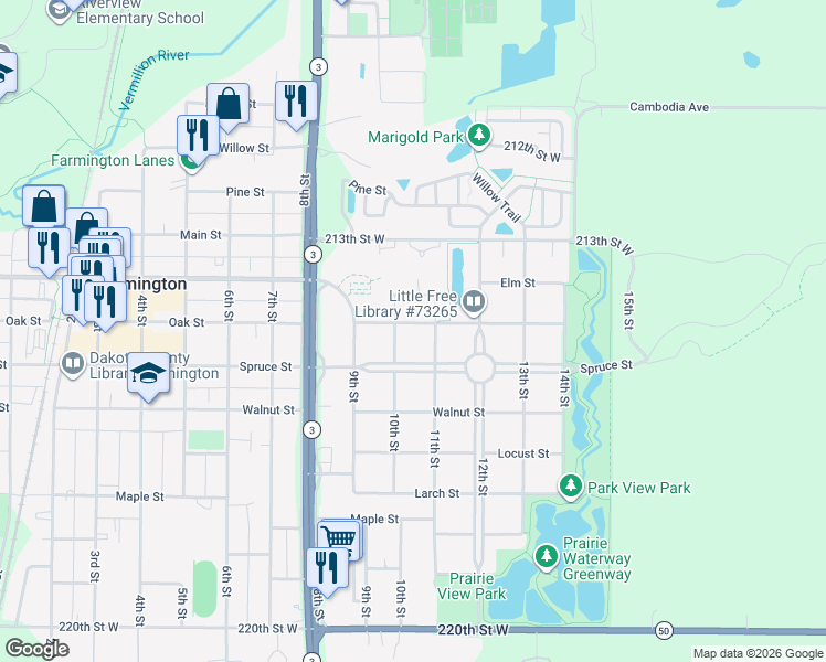 map of restaurants, bars, coffee shops, grocery stores, and more near 409 10th Street in Farmington