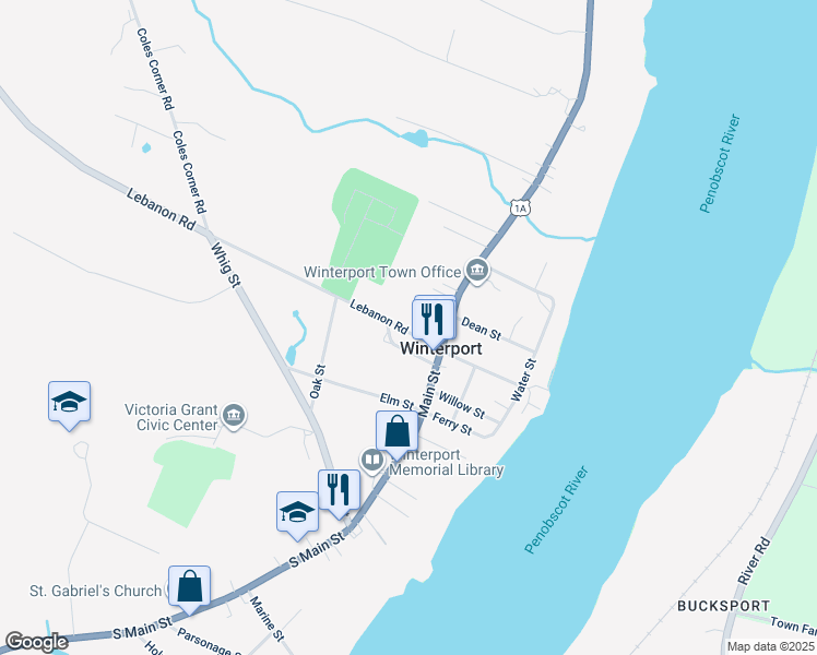 map of restaurants, bars, coffee shops, grocery stores, and more near 107 Lebanon Road in Winterport