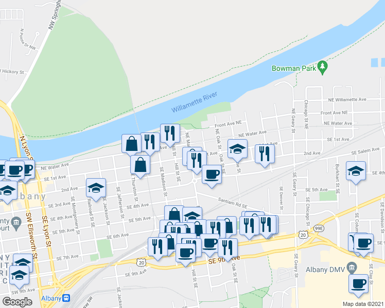 map of restaurants, bars, coffee shops, grocery stores, and more near 1120 Southeast 1st Avenue in Albany