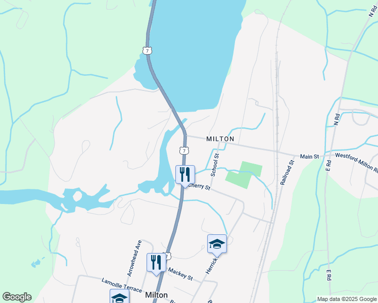 map of restaurants, bars, coffee shops, grocery stores, and more near 18 River Street in Milton