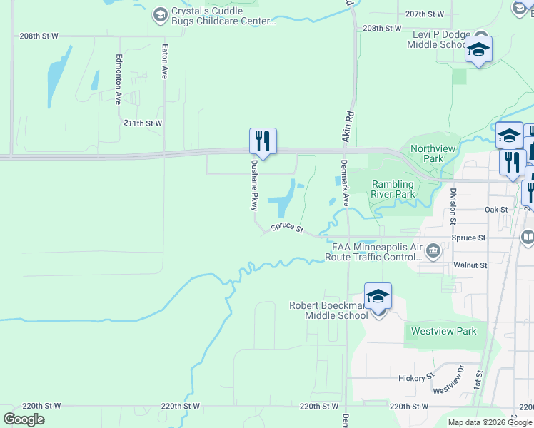 map of restaurants, bars, coffee shops, grocery stores, and more near 21400 Dushane Parkway in Farmington