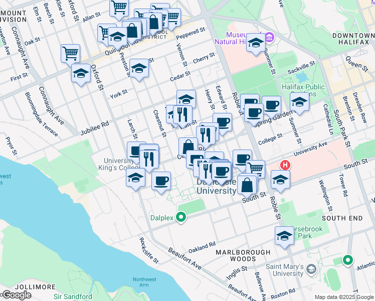 map of restaurants, bars, coffee shops, grocery stores, and more near 6227 Coburg Road in Halifax