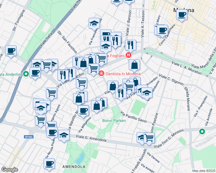 map of restaurants, bars, coffee shops, grocery stores, and more near 189b Via Guarino Guarini in Modena