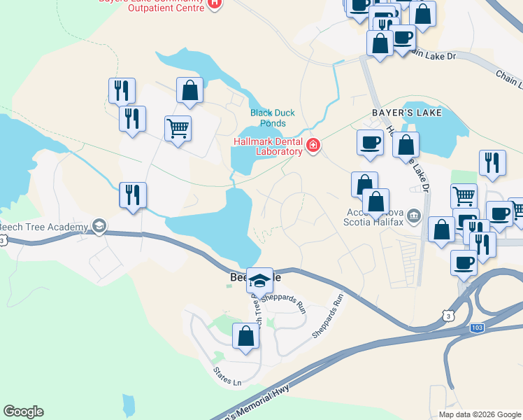 map of restaurants, bars, coffee shops, grocery stores, and more near 119 Flatrock Crescent in Halifax