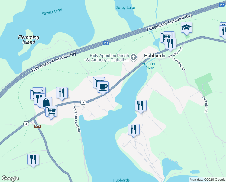 map of restaurants, bars, coffee shops, grocery stores, and more near 2 Yacht Club Road in Hubbards