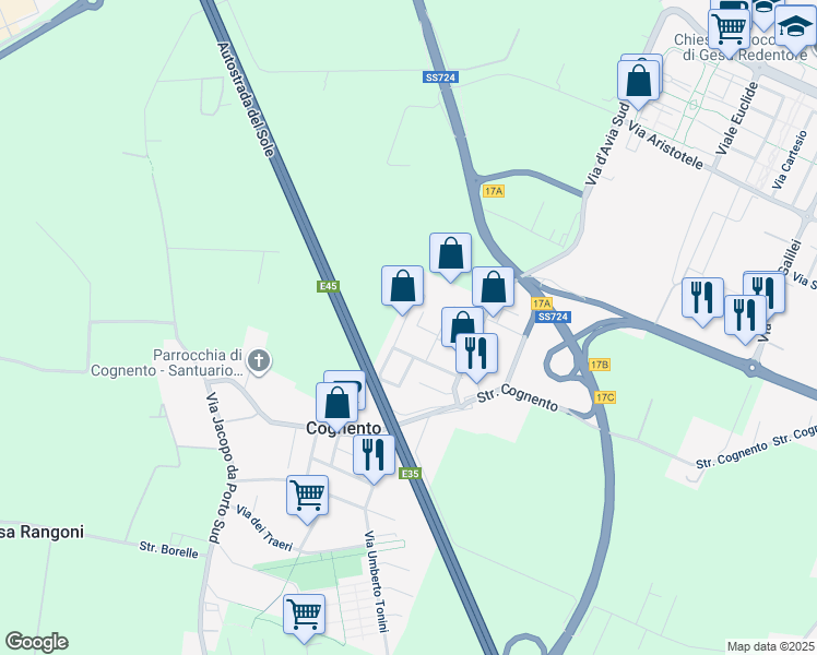 map of restaurants, bars, coffee shops, grocery stores, and more near 34 Via Vittorio Bottego in Modena
